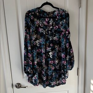 Black Floral Long-Sleeve Blouse with Pink & Blue Blooms
